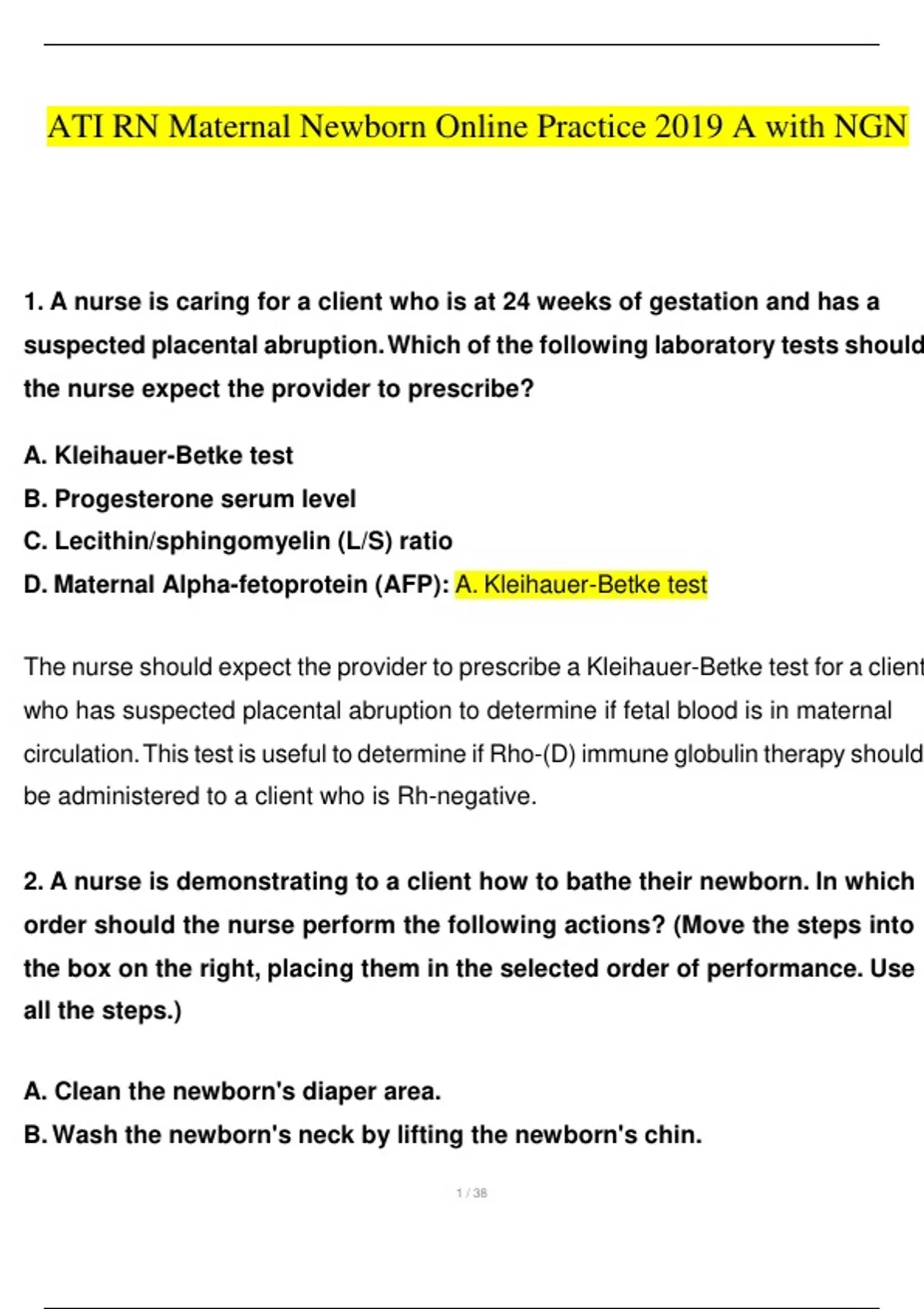 ATI RN Maternal Newborn Online Practice 2024 B With NGN Questions And