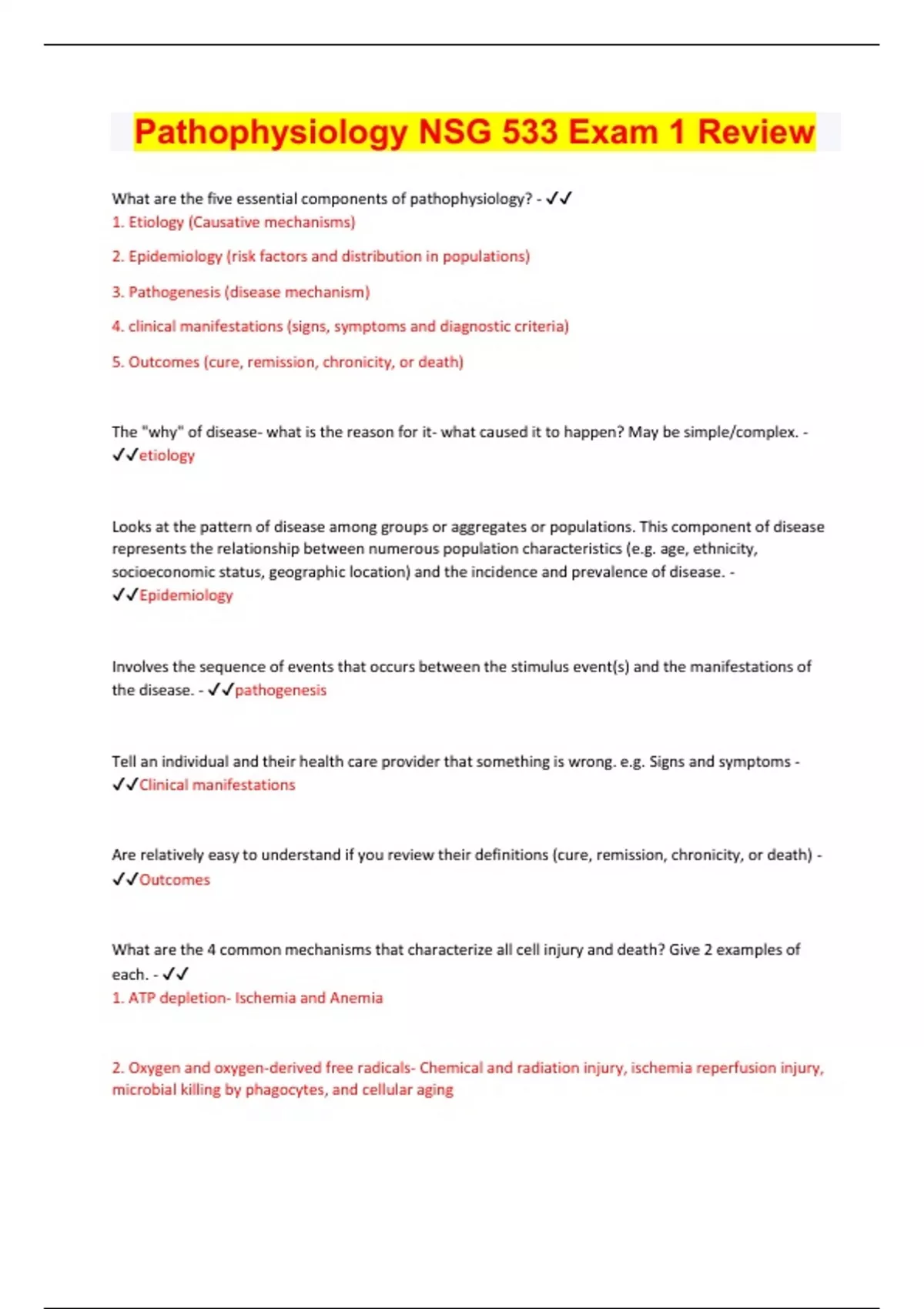 Pathophysiology Nsg Exam Review Questions With Correct