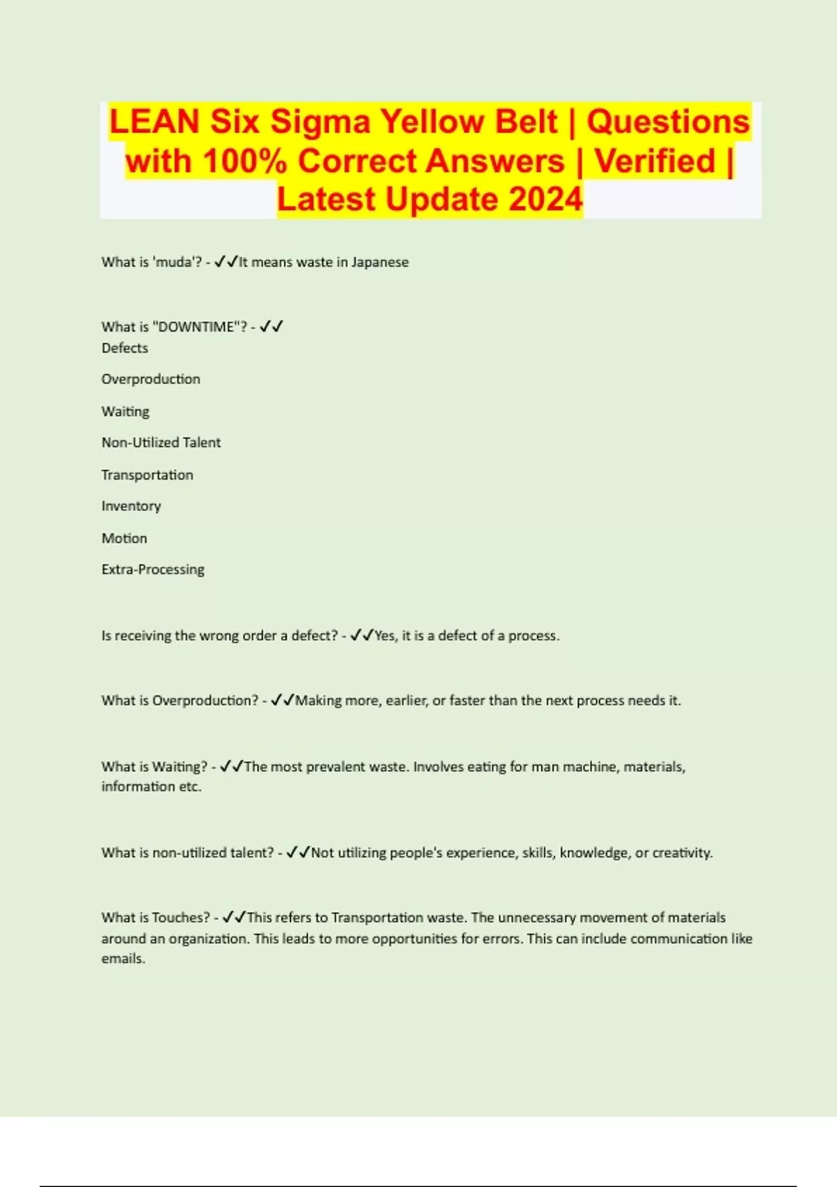 Lean Six Sigma Yellow Belt Questions With Correct Answers