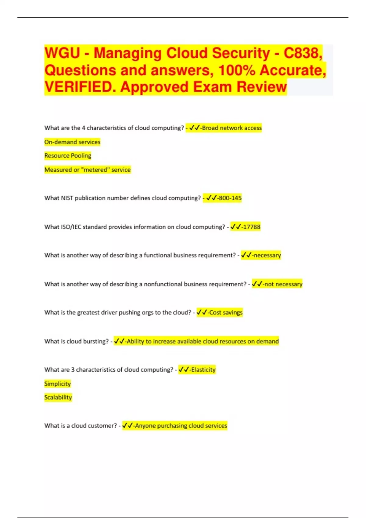 WGU Managing Cloud Security C838 Questions And Answers 100