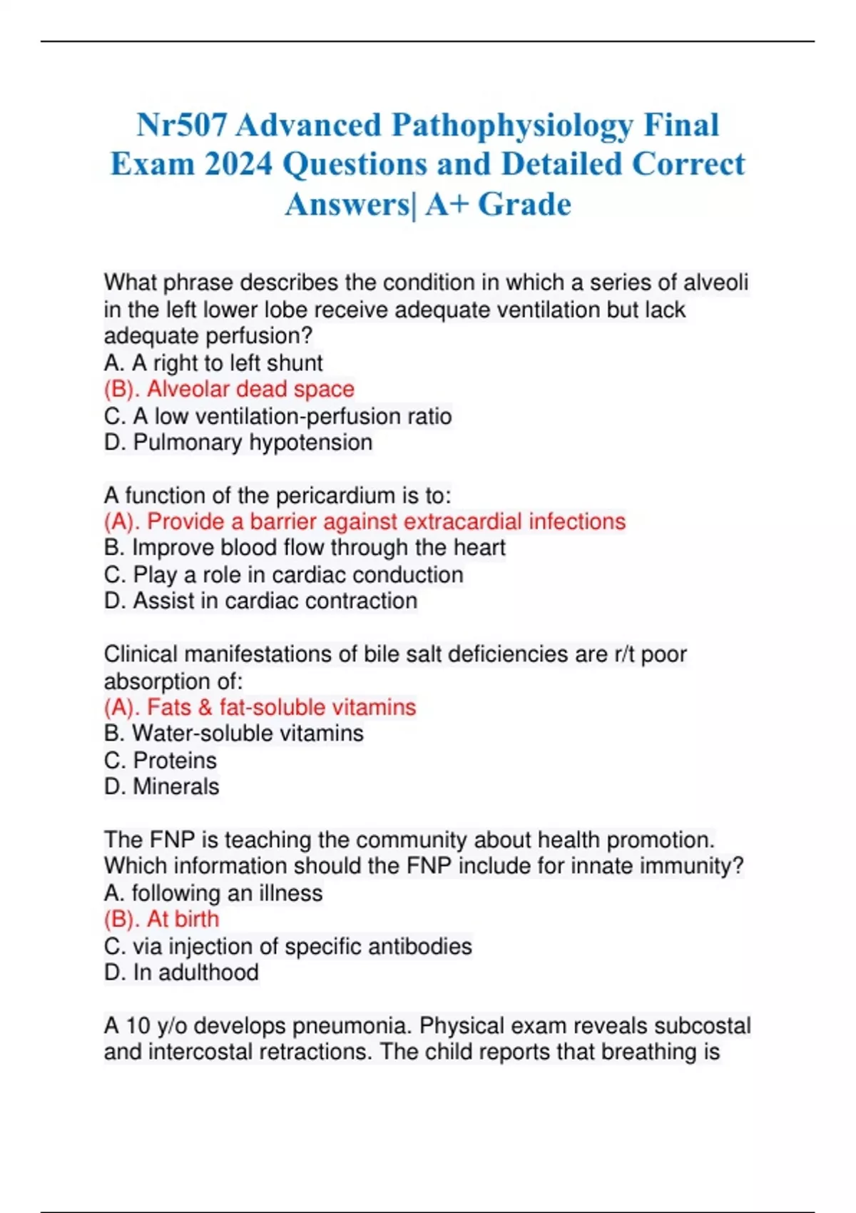 Nr507 Advanced Pathophysiology Final Exam 2024 Questions And Detailed