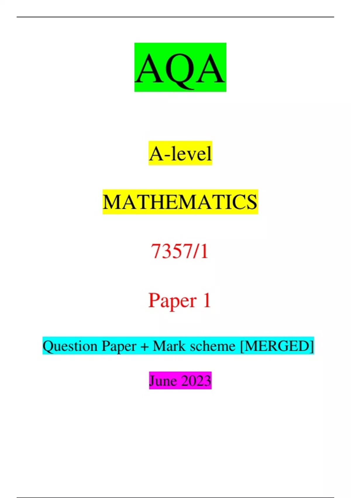 AQA A Level MATHEMATICS 7357 1 Paper 1 Question Paper Mark Scheme