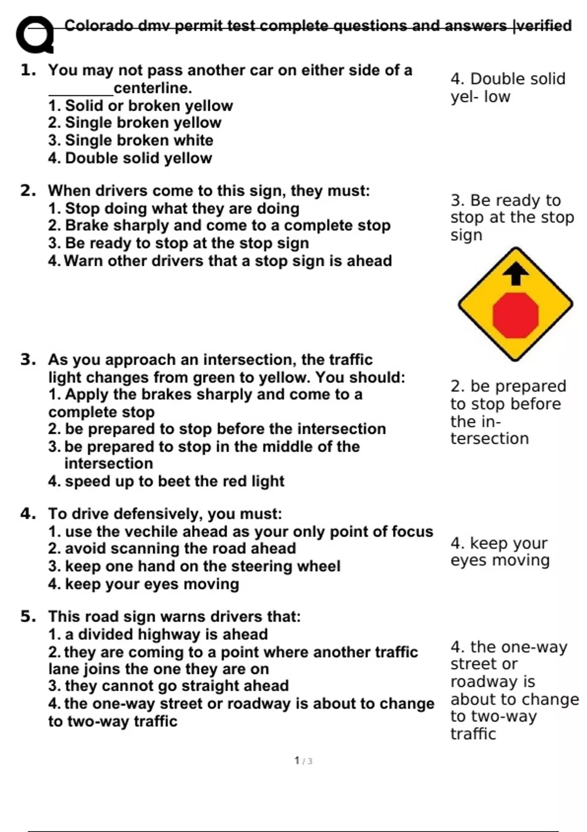 Colorado Dmv Permit Test Complete Questions And Answers Verified