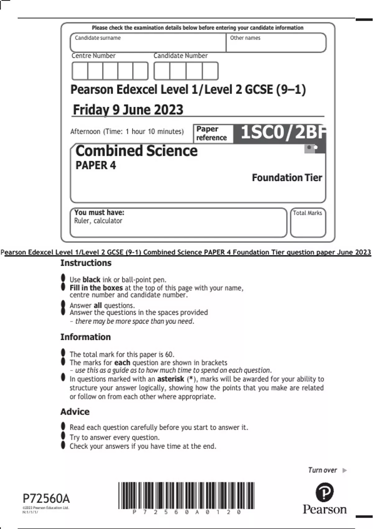 Pearson Edexcel Level 1 Level 2 GCSE 91 Combined Science PAPER 4