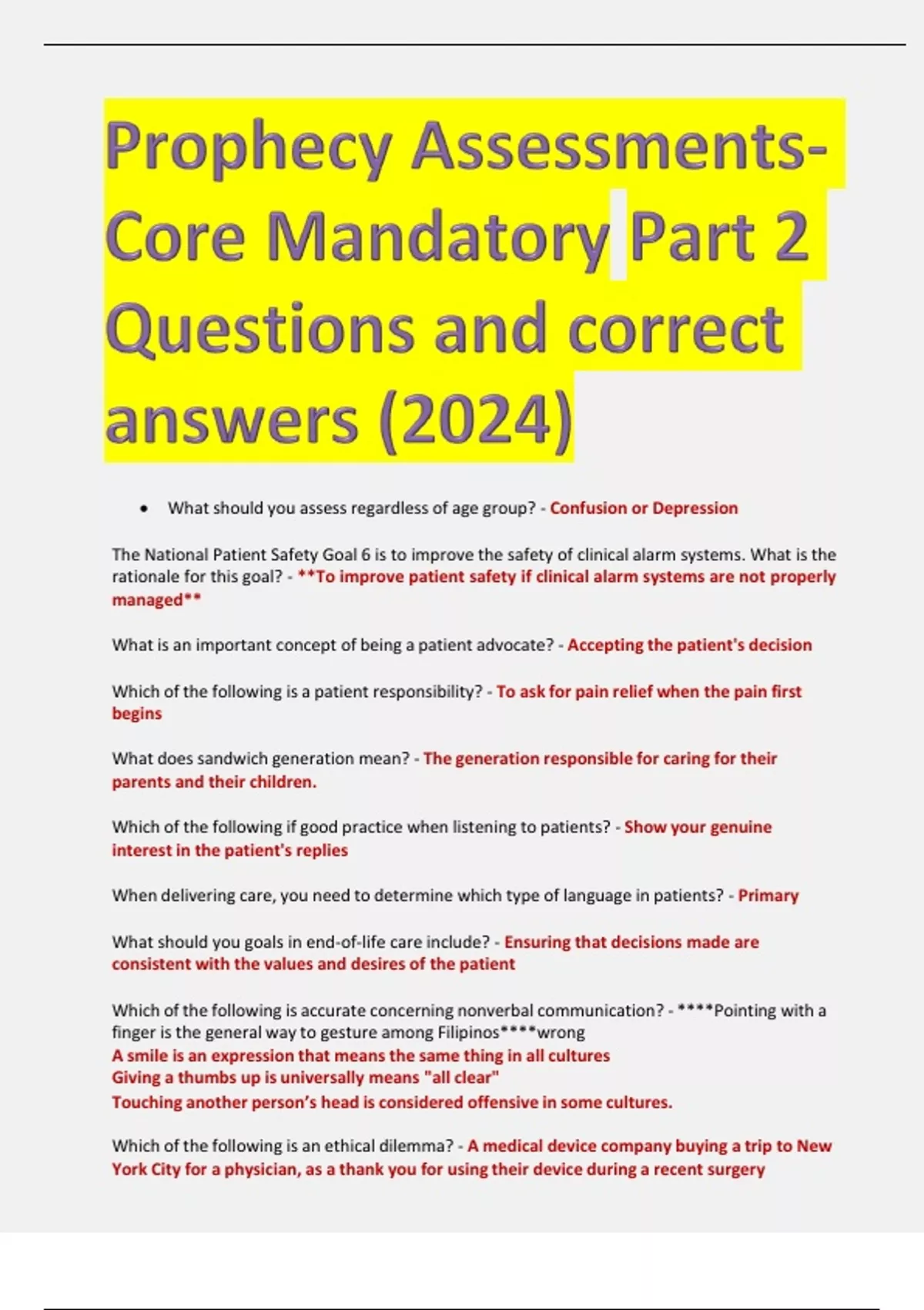 Prophecy Assessments Core Mandatory Part Questions And Correct