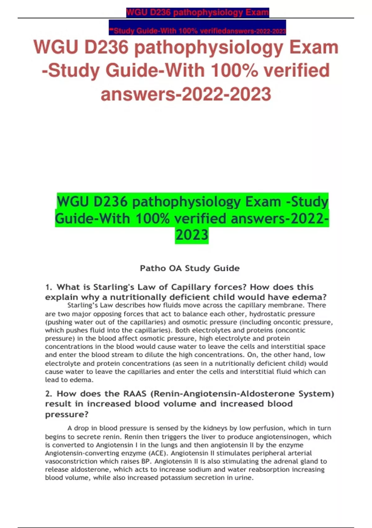 WGU D236 Pathophysiology Exam Study Guide With 100 Verified Answers