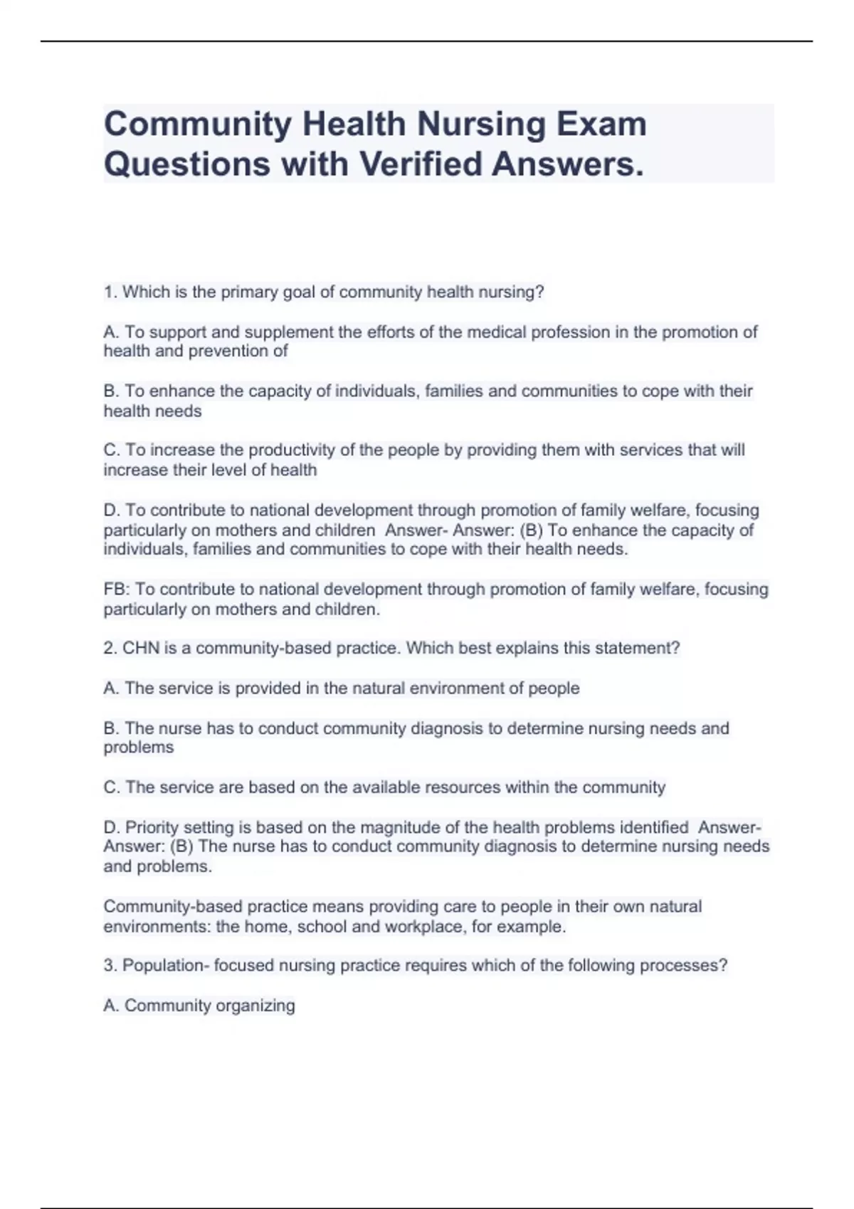 Community Health Nursing Exam Questions With Verified Answers