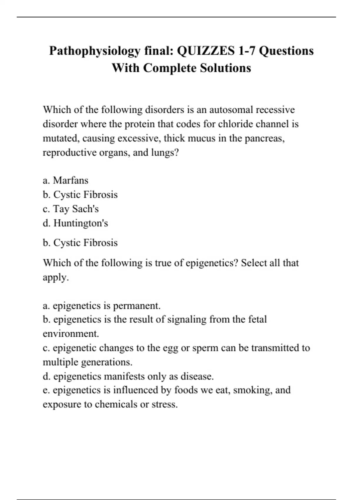 Pathophysiology Final Quizzes Questions With Complete Solutions