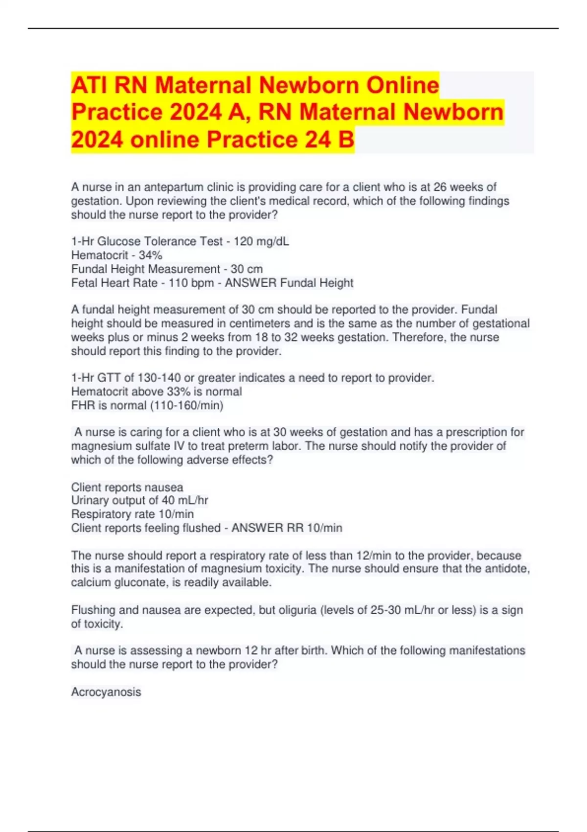 ATI RN Maternal Newborn Online Practice 2024 A RN Maternal Newborn