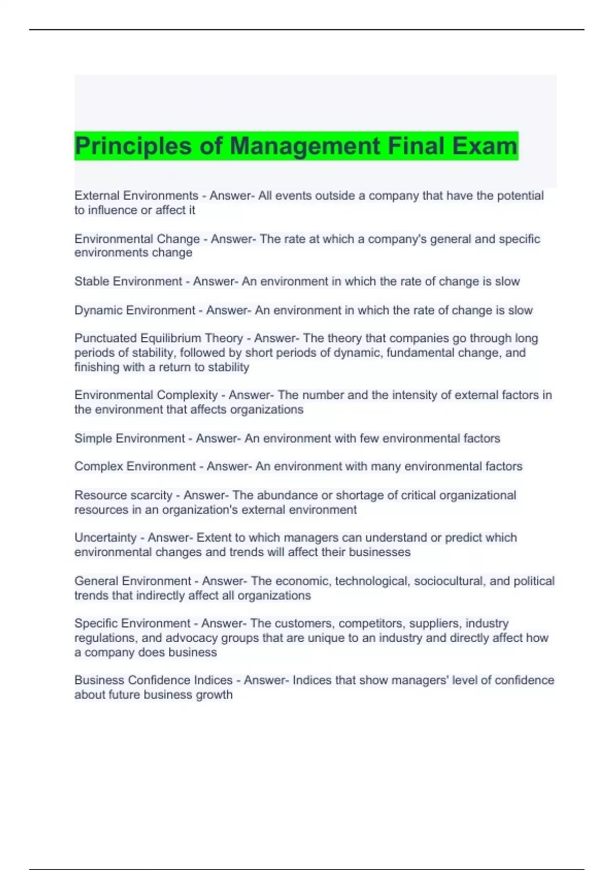 Principles Of Management Final Exam Questions With Correct Answers