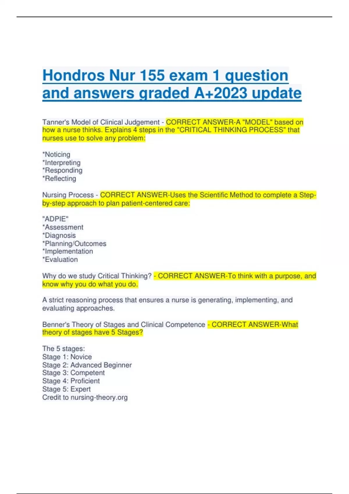 Hondros Nur 155 Exam 1 Question And Answers Graded A 2023 Update Tanner