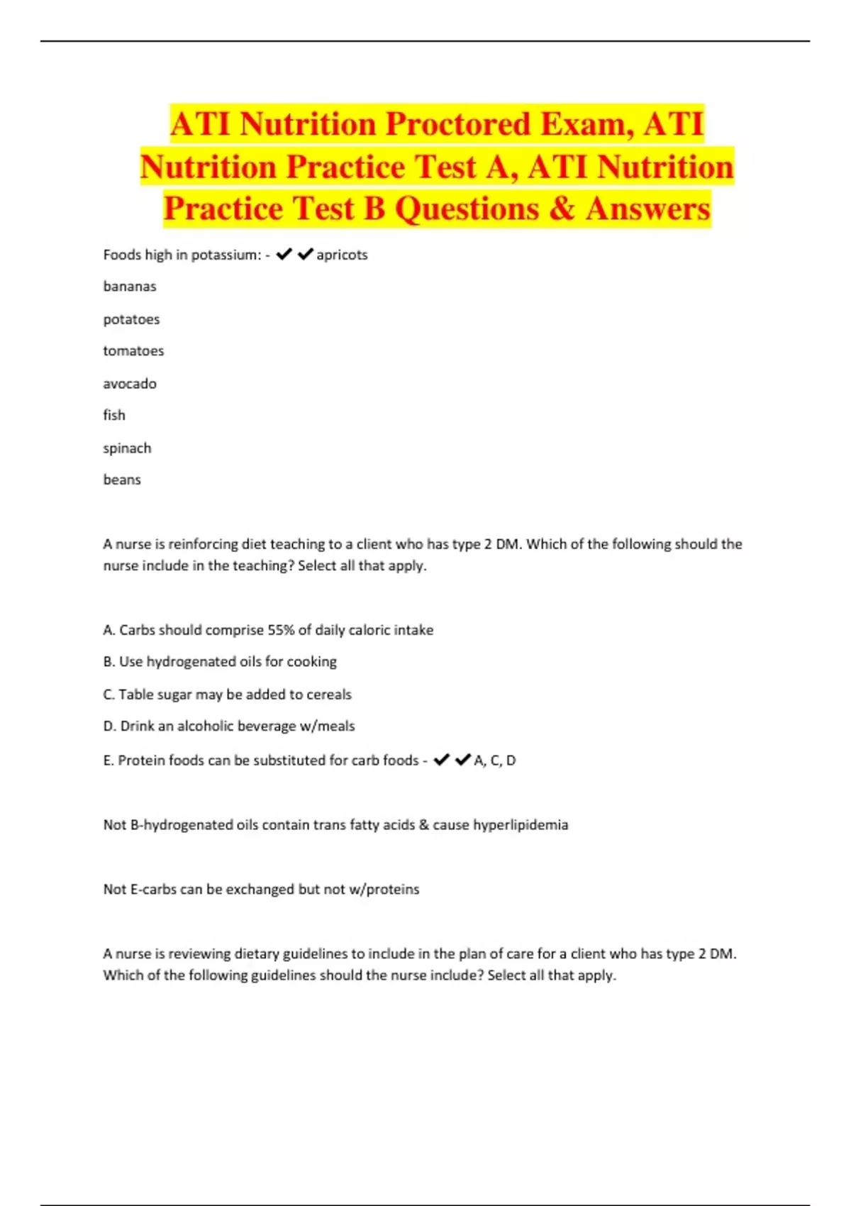 ATI Nutrition Proctored Exam ATI Nutrition Practice Test A ATI