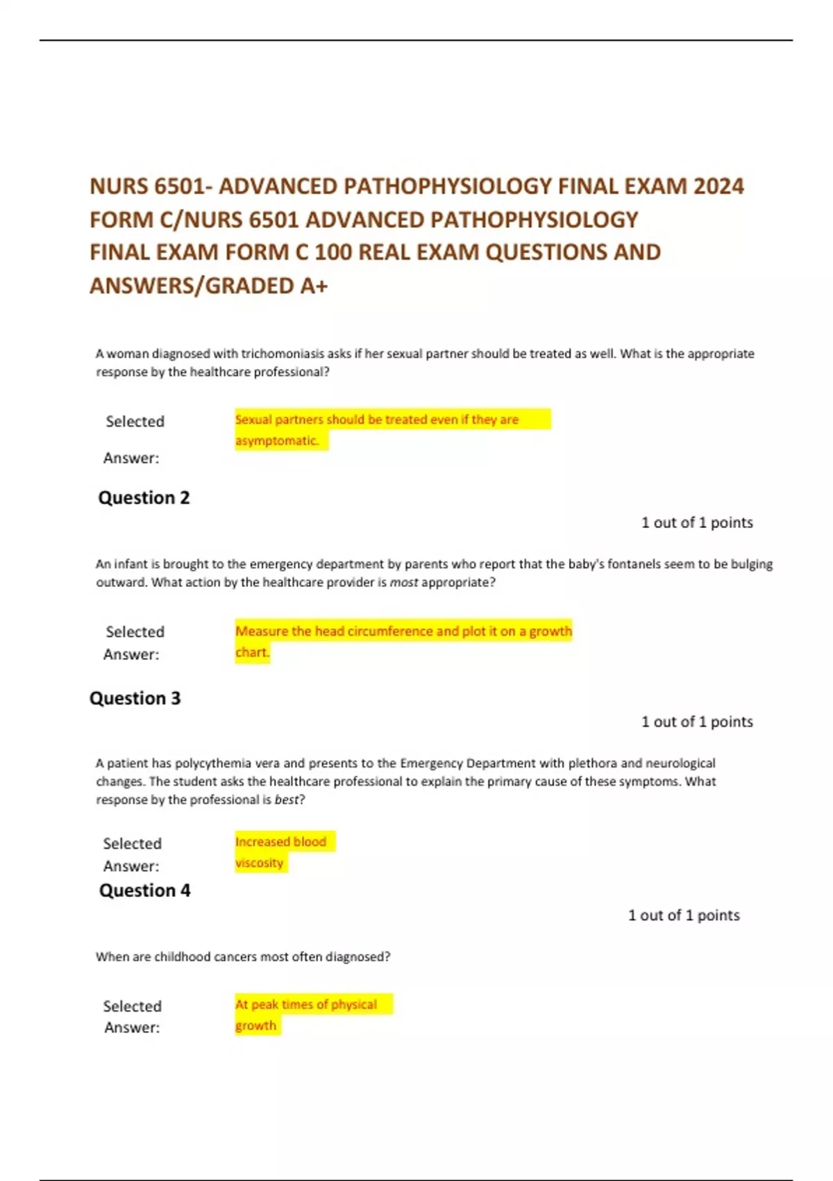 Nurs Advanced Pathophysiology Final Exam Form C Nurs