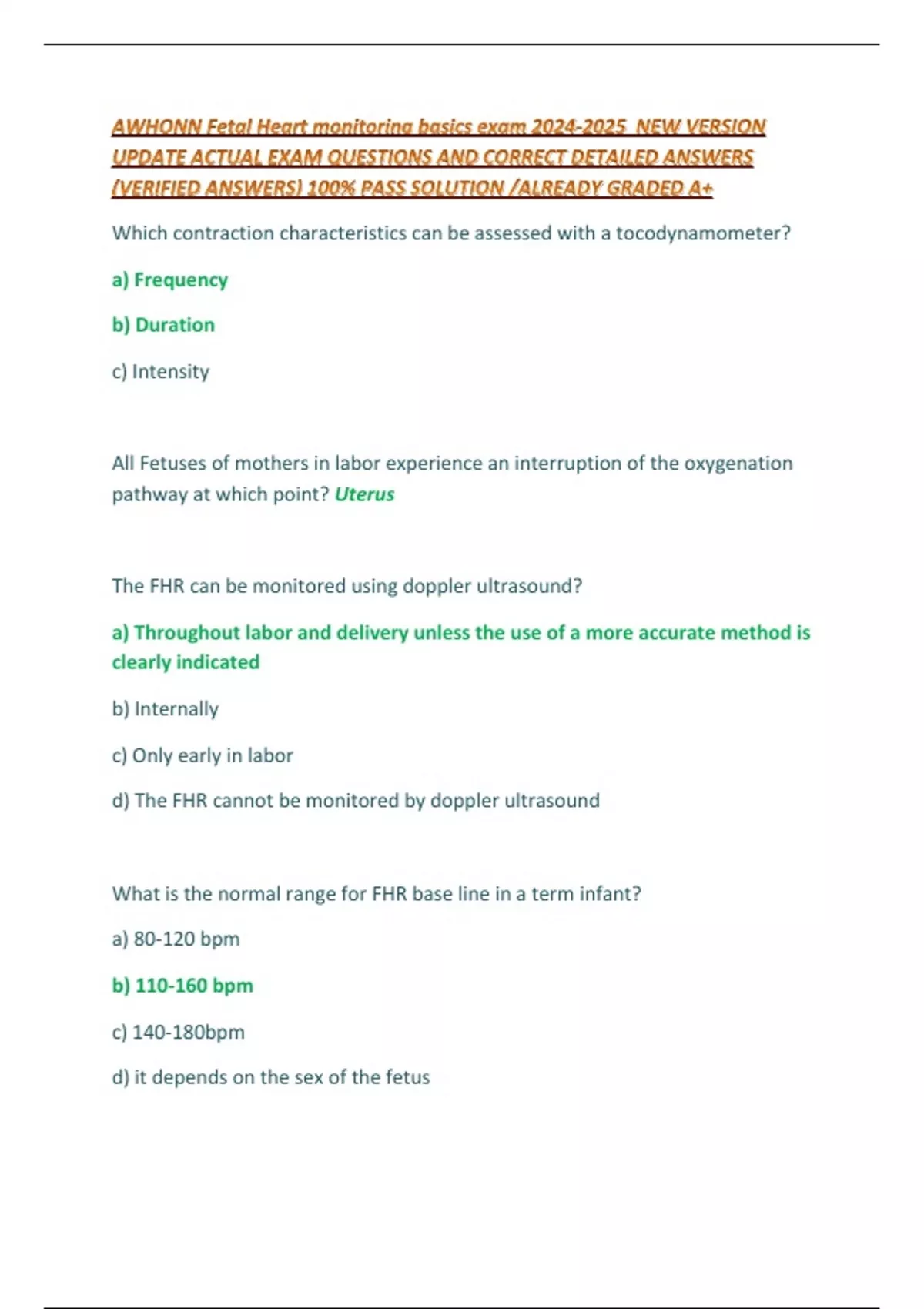 AWHONN Fetal Heart Monitoring Basics Exam NEW VERSION UPDATE ACTUAL