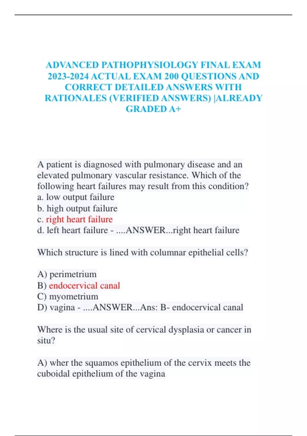 ADVANCED PATHOPHYSIOLOGY FINAL EXAM ACTUAL EXAM 200 QUESTIONS AND