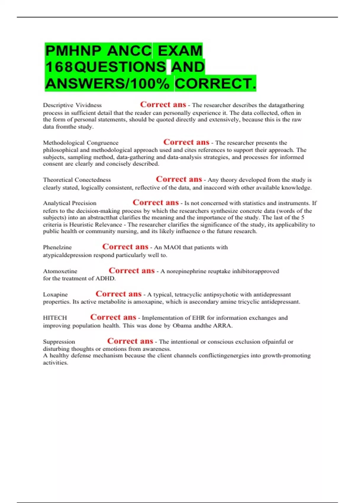 PMHNP ANCC EXAM 168QUESTIONS AND ANSWERS 100 CORRECT PMHNP ANCC