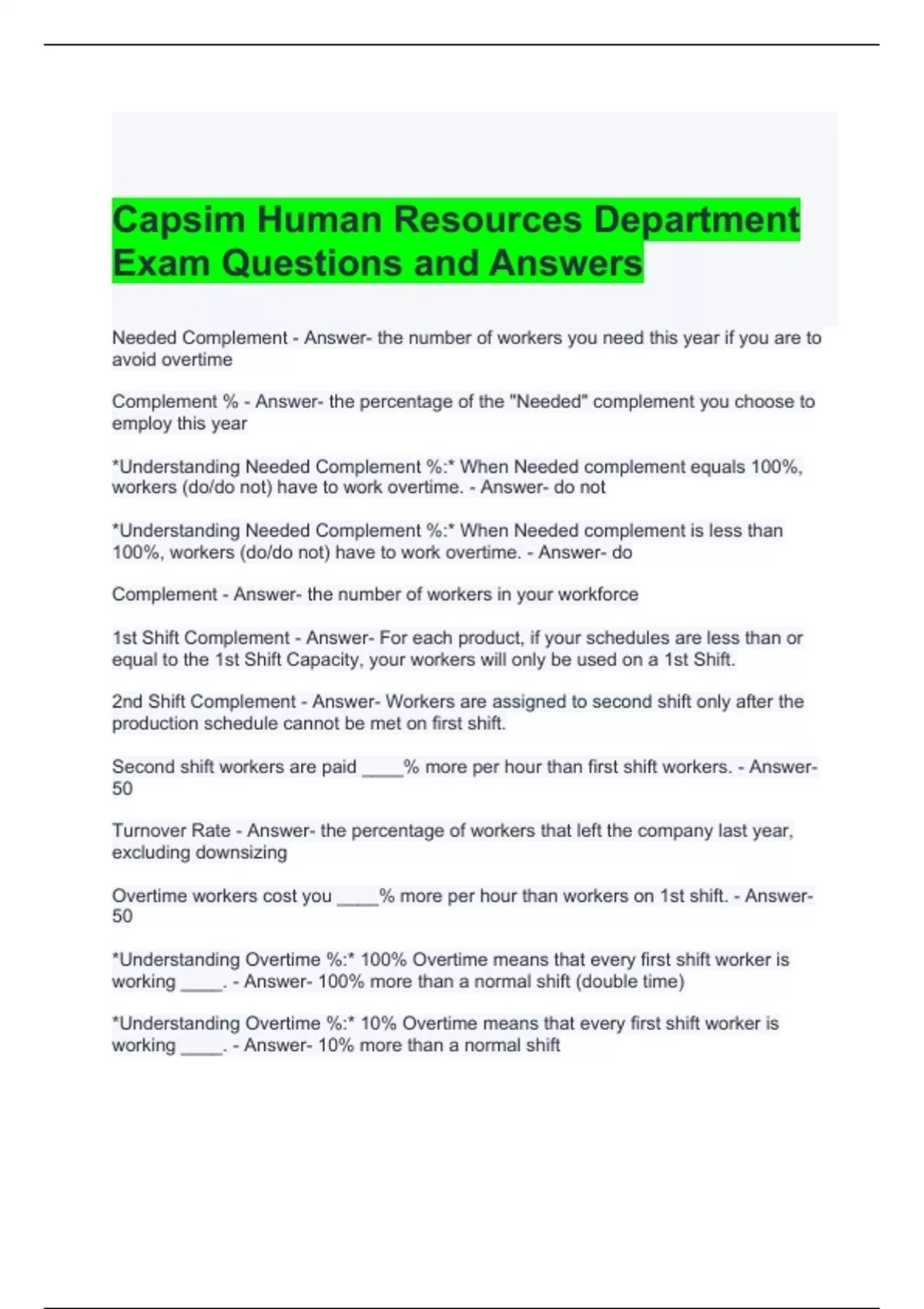 Capsim Human Resources Department Exam Questions And Answers Comp XM