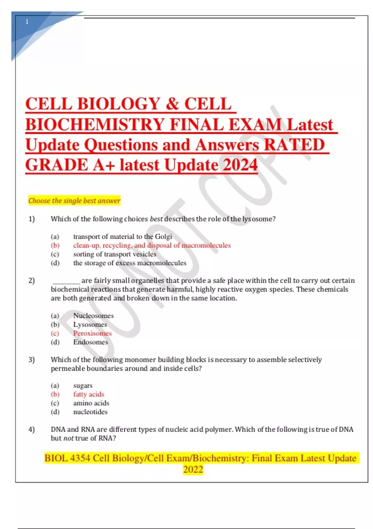 CELL BIOLOGY CELL BIOCHEMISTRY FINAL EXAM Latest Update Questions And