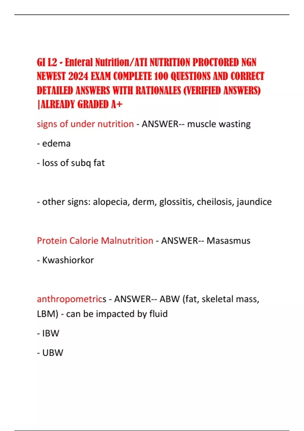 GI L2 Enteral Nutrition ATI NUTRITION PROCTORED NGN NEWEST 2024 EXAM