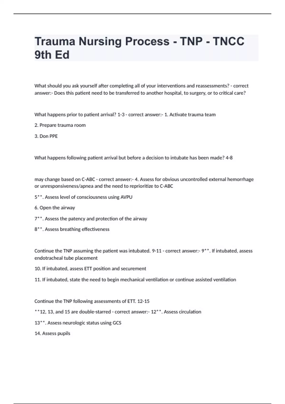 Trauma Nursing Process Tnp Tncc Th Ed Questions With Answers