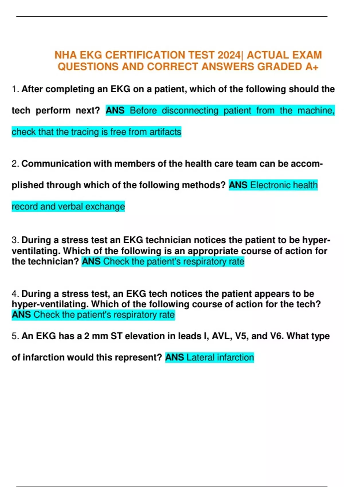 NHA EKG CERTIFICATION TEST 2024 ACTUAL EXAM QUESTIONS AND CORRECT