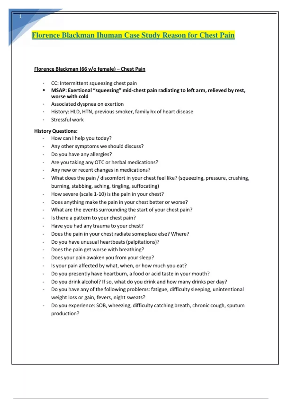 Florence Blackman Ihuman Case Study Reason For Chest Pain Florence