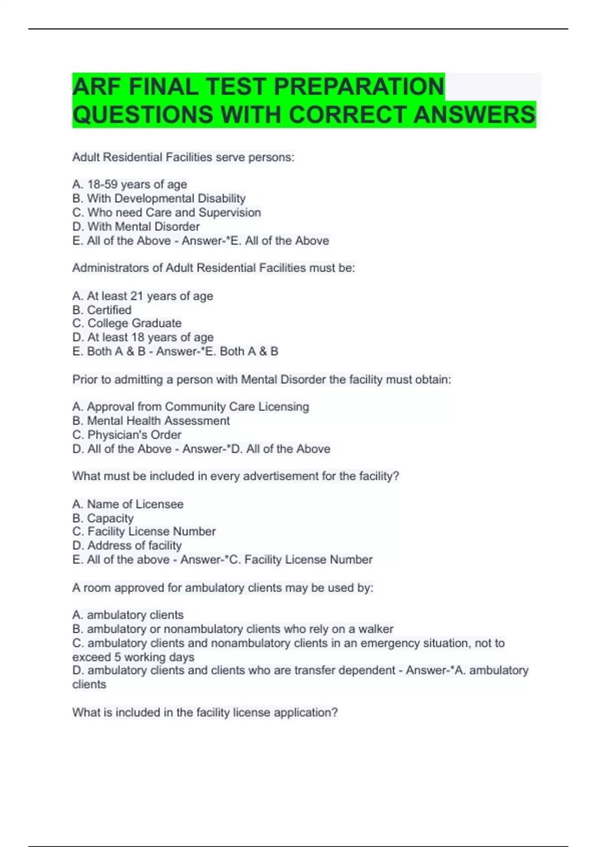 Arf Final Test Preparation Questions With Correct Answers Adult