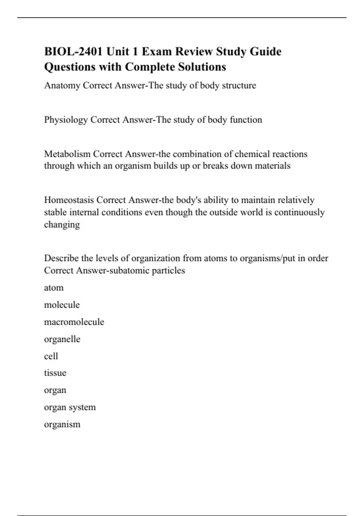 Biol Unit Exam Review Study Guide Questions With Complete