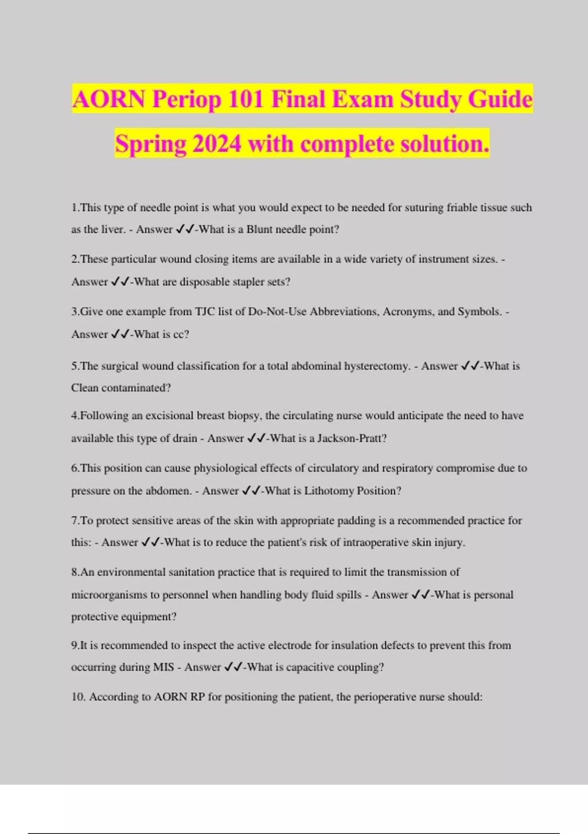 AORN Periop 101 Final Exam Study Guide Spring 2024 With Complete