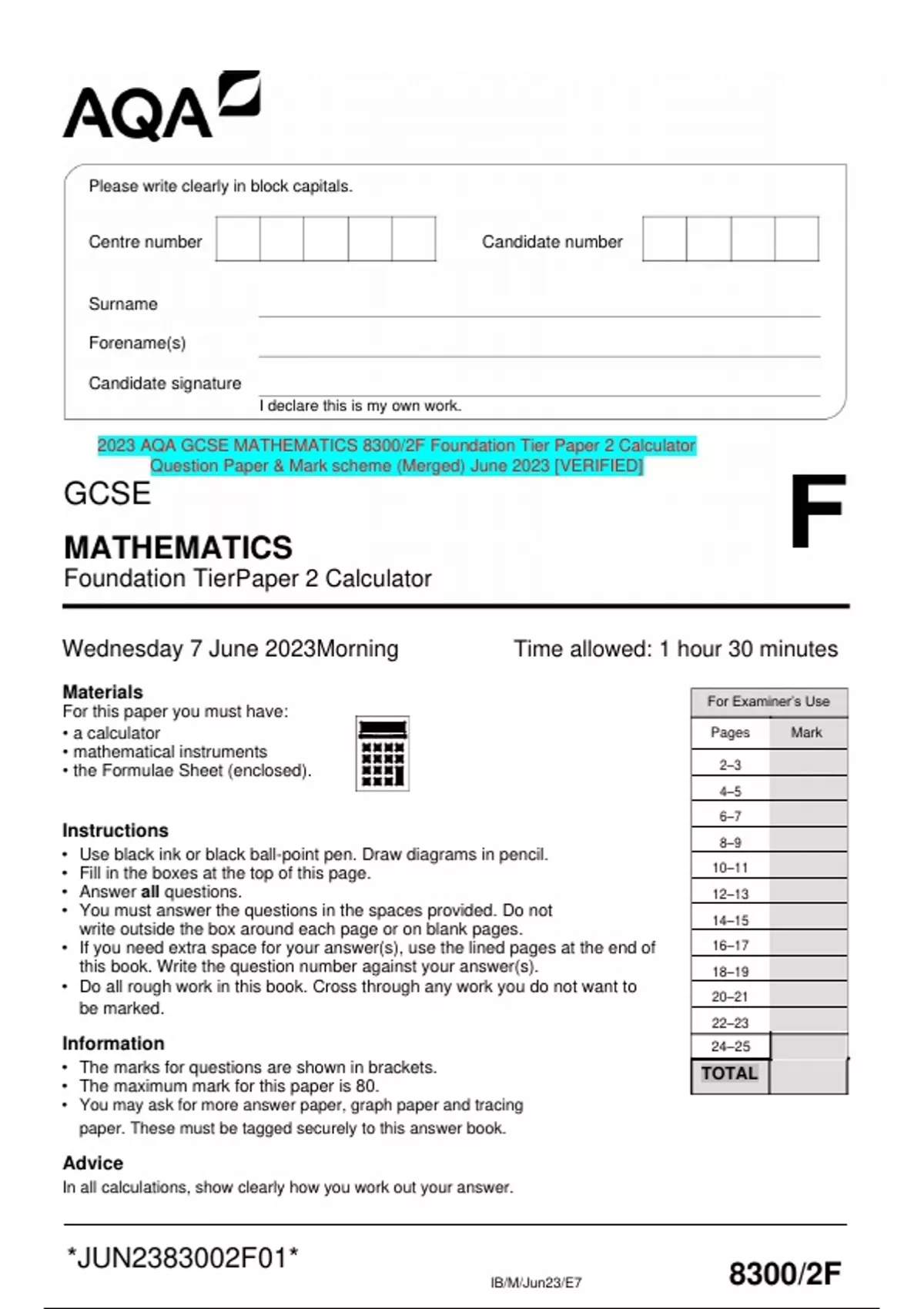 Aqa Gcse Mathematics F Foundation Tier Paper Calculator