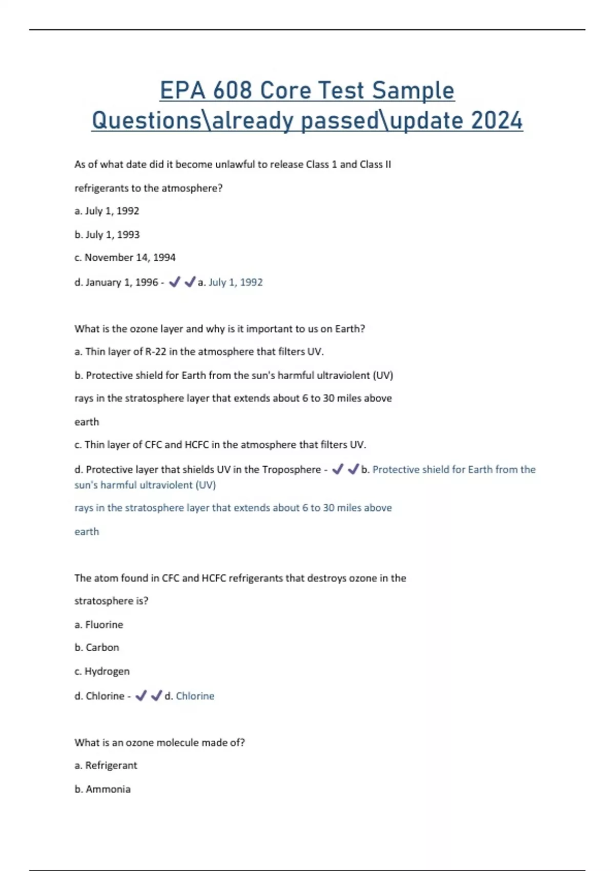 EPA 608 Core Test Sample Questionsalready Passedupdate 2024 EPA 608