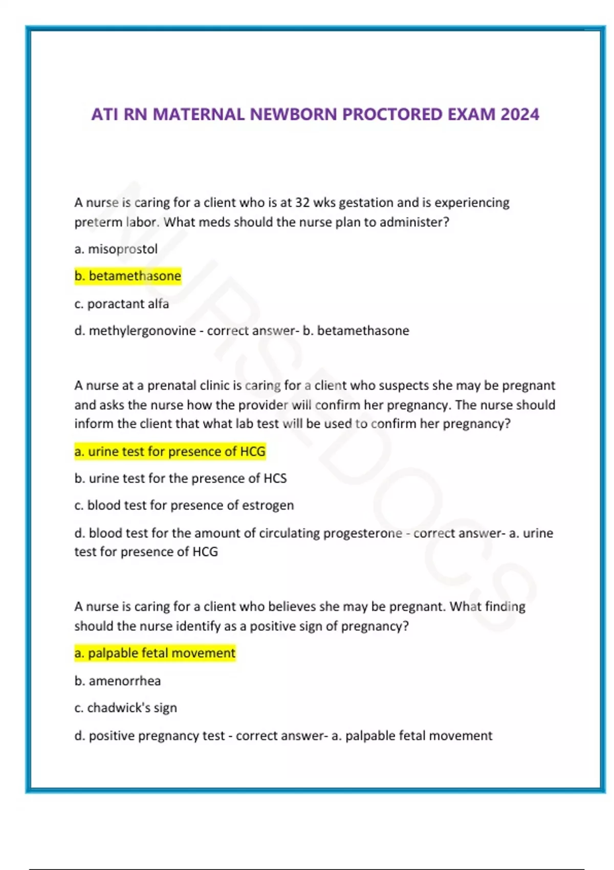 ATI RN MATERNAL NEWBORN PROCTORED EXAM 2024 ATI RN MATERNAL NEWBORN