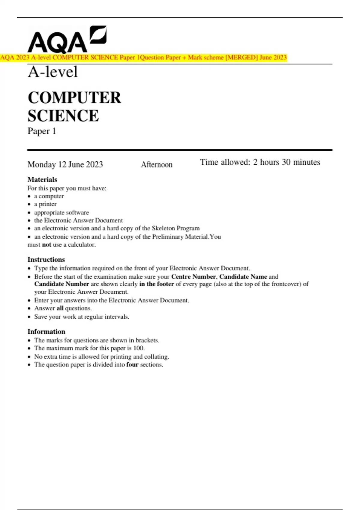 AQA 2023 A Level COMPUTER SCIENCE Paper 1 Question Paper Mark Scheme