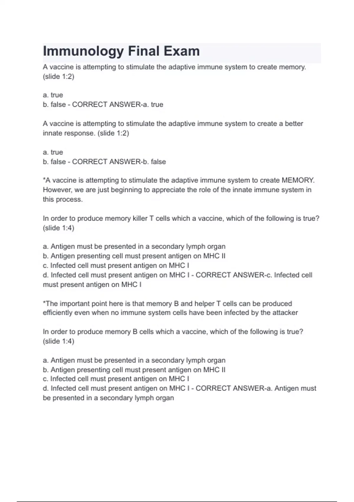 Immunology Final Exam Questions With Correct Answers Verified