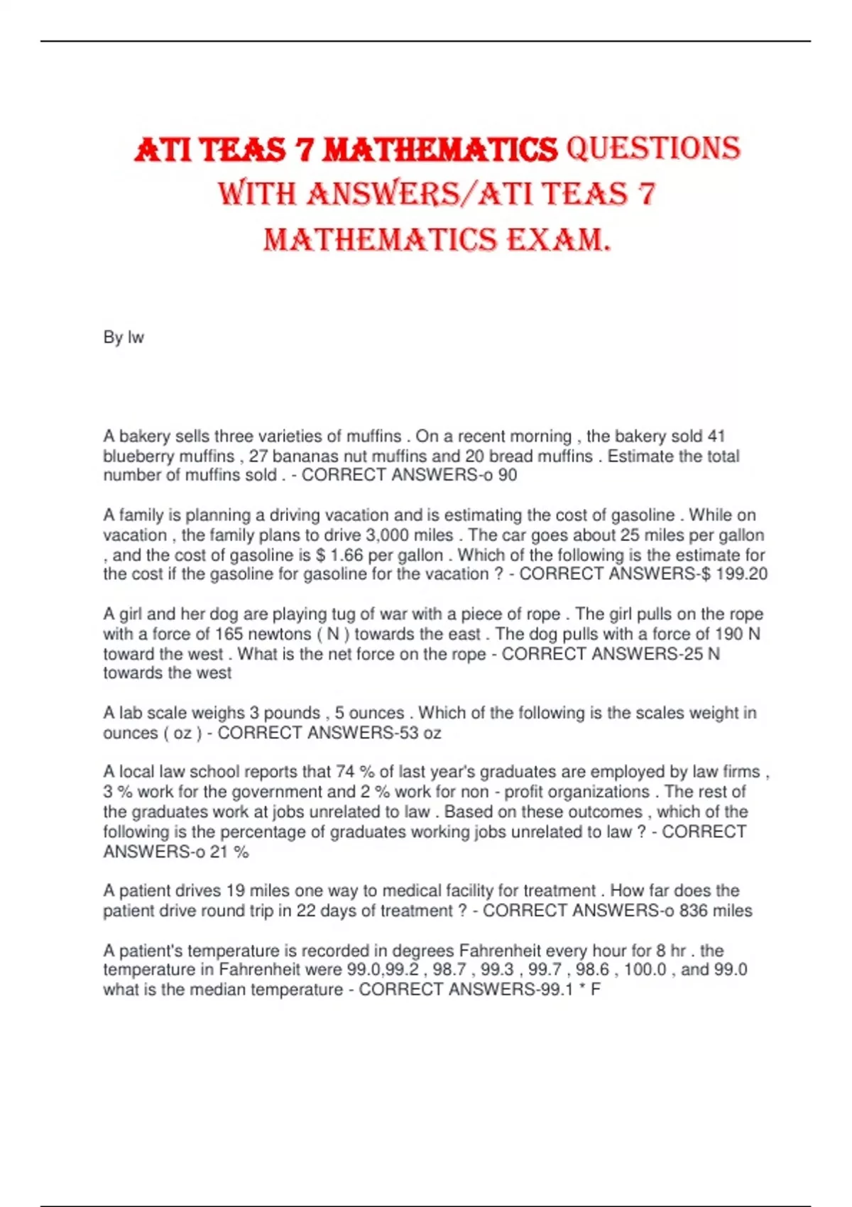 ATI TEAS 7 Mathematics Questions With Answers Ati Teas 7 Mathematics