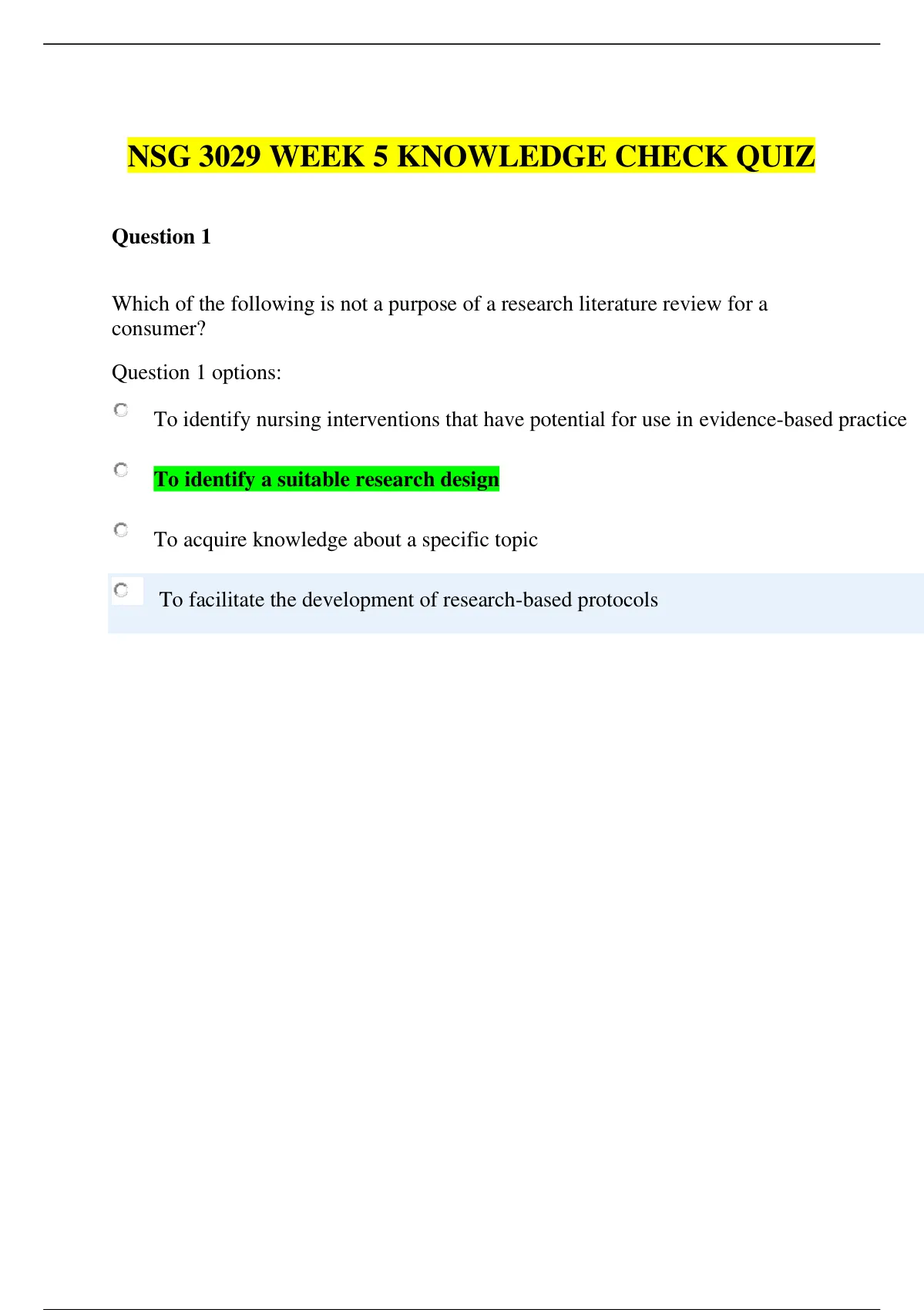 NSG 3029 WEEK 5 KNOWLEDGE CHECK QUIZ NSG3029 WEEK 5 KNOWLEDGE CHECK