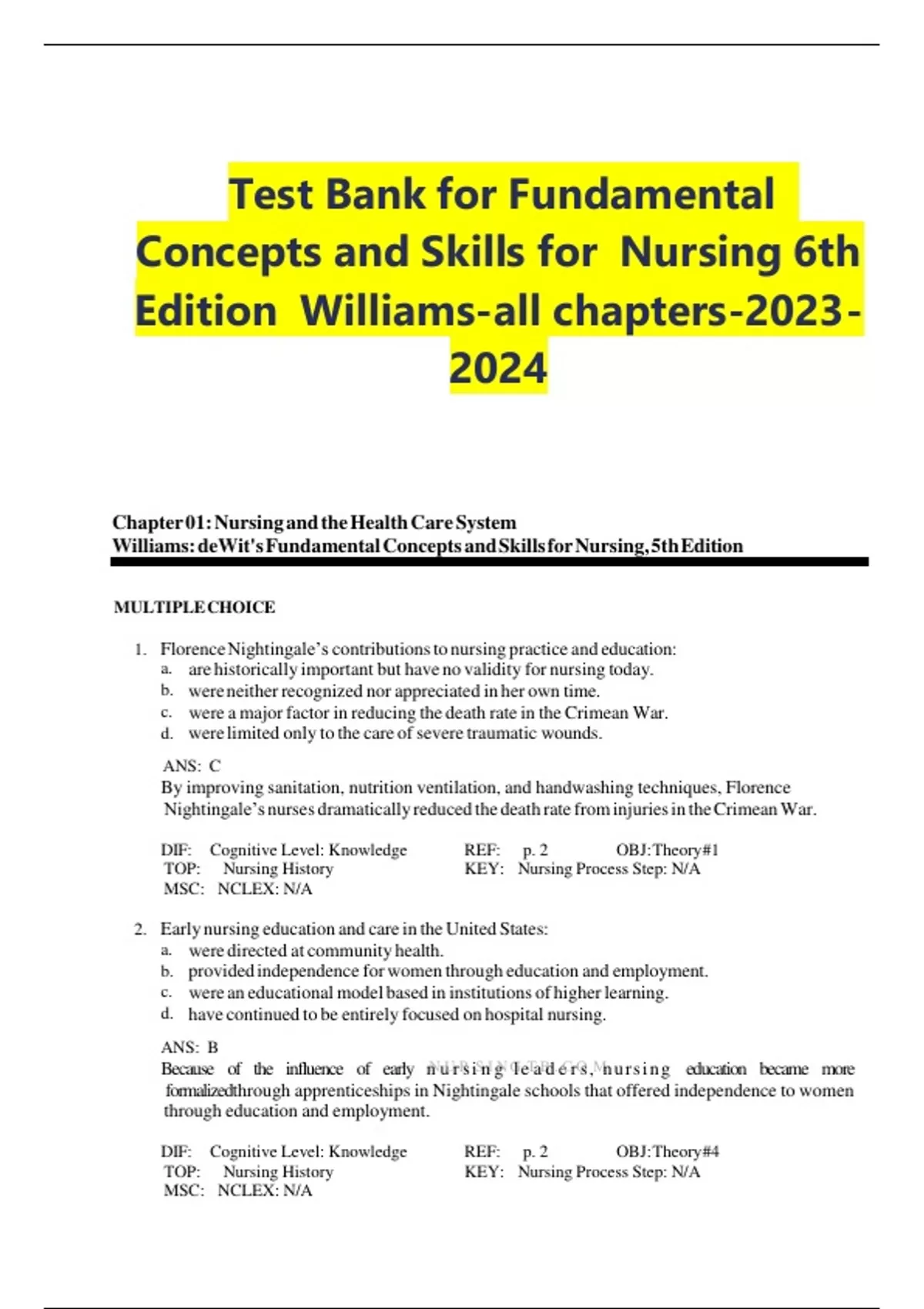 Test Bank For Fundamental Concepts And Skills For Nursing Th Edition