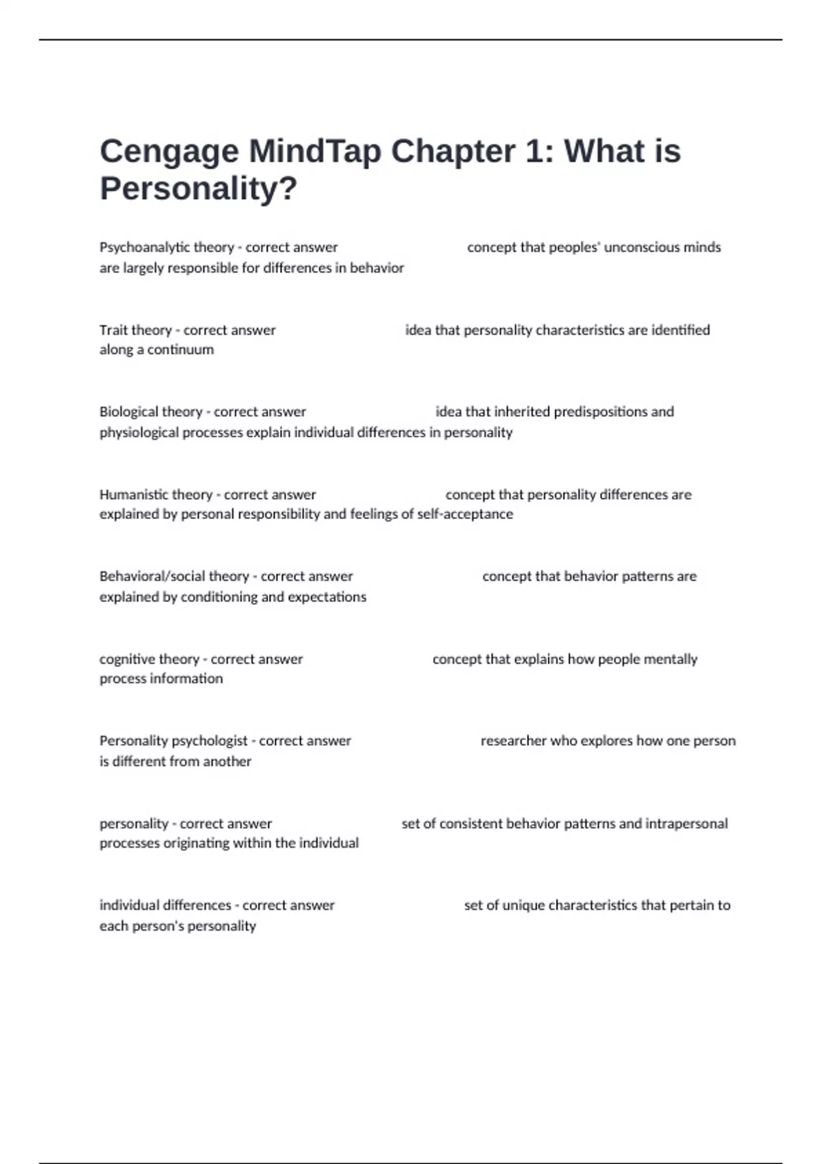 Cengage Mindtap Chapter What Is Personality Certification Review