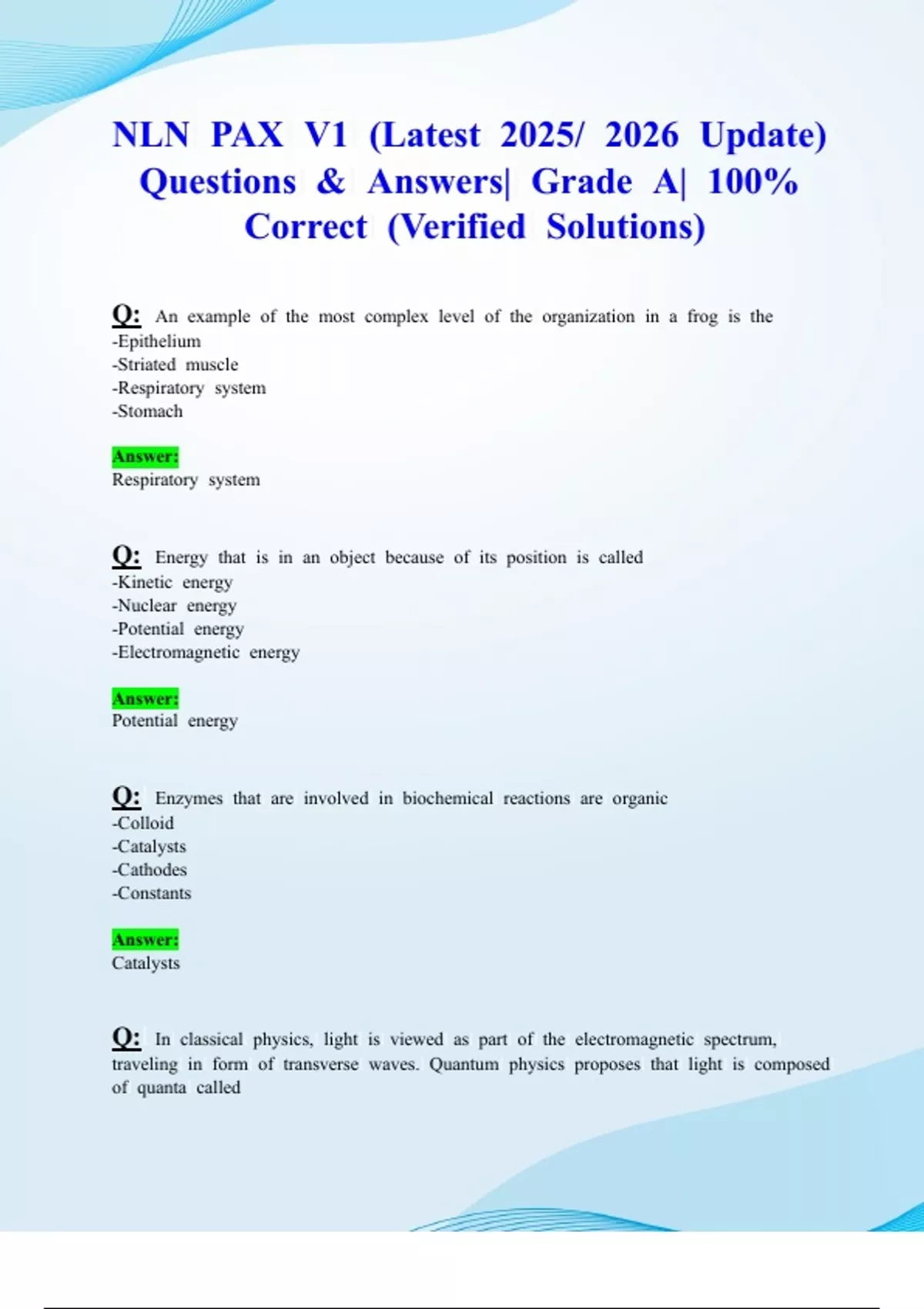 NLN PAX V1 Latest 2025 2026 Update Questions Answers Grade A 100