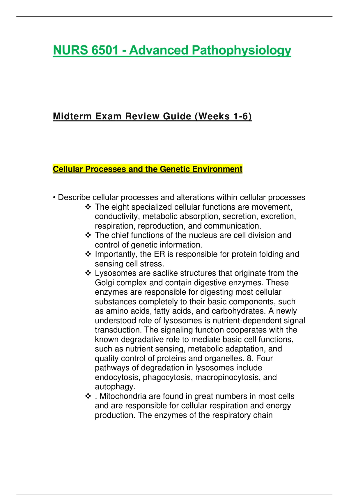 NURS 6501 NURS6501 Advanced Pathophysiology Midterm Exam Review