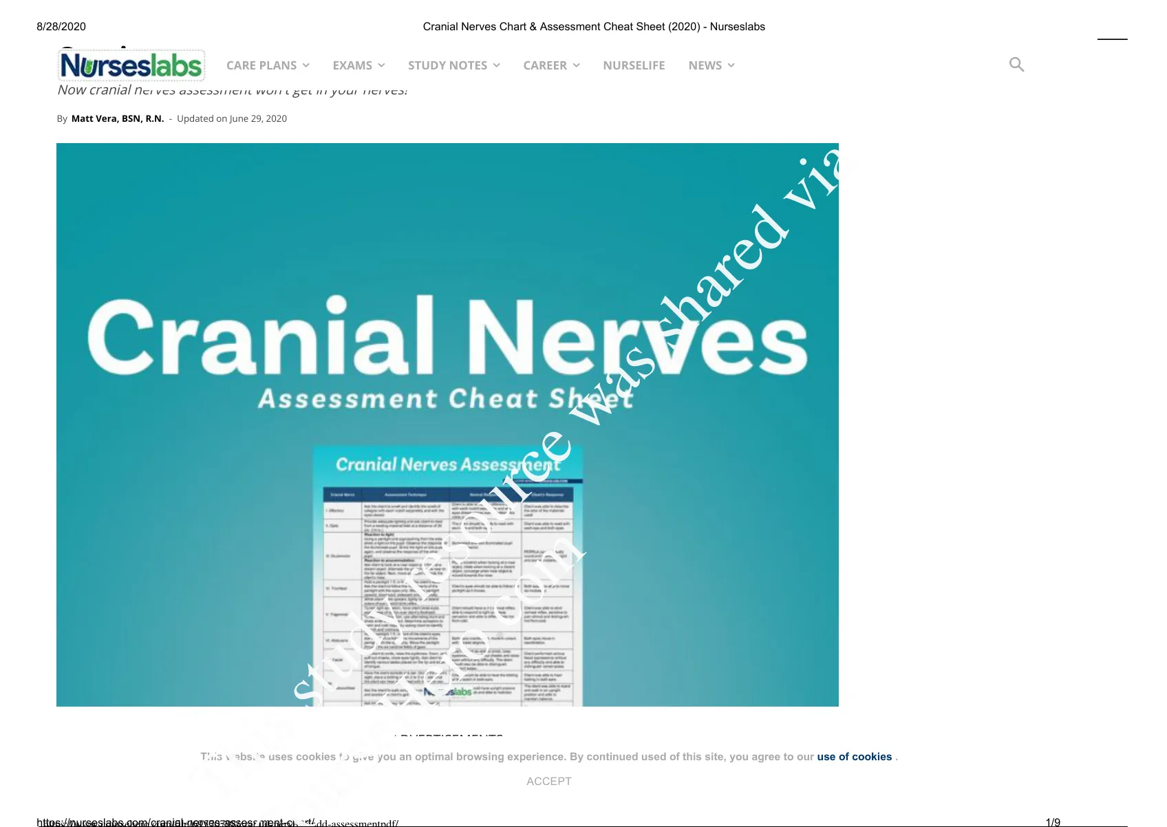 Nursing Misc Cranial Nerves Assessment Chart And Cheat Sheet