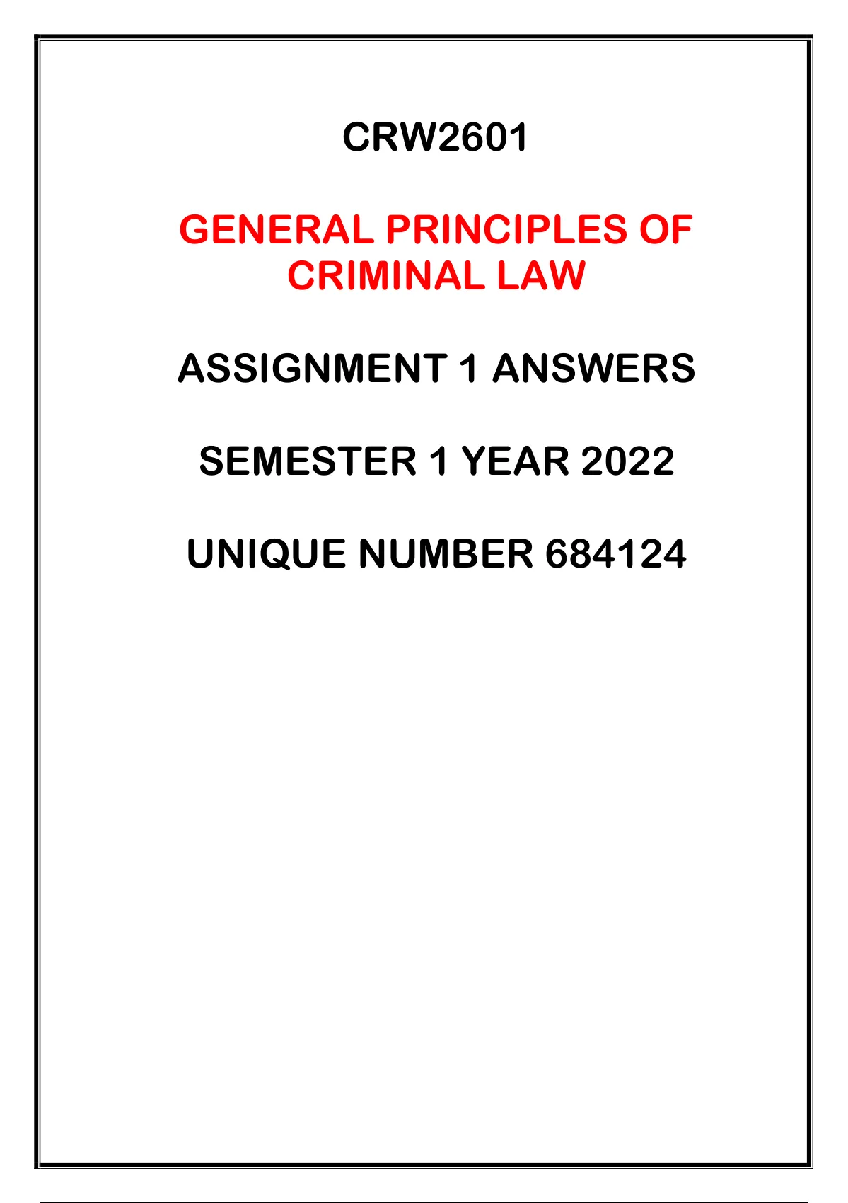 Crw2601 Assignment 1 Answers Semester 1 Year 2022 Crw2601 General Principles Of Criminal Law 