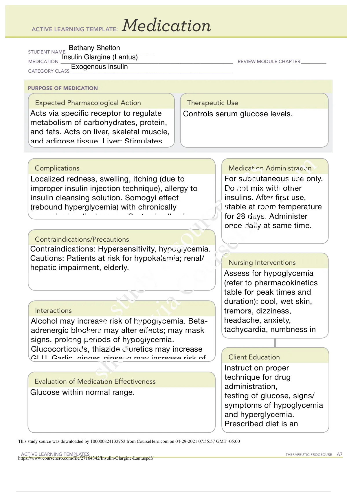 NUR 112-Forsyth Technical Community College- Medication Card-Insulin ...