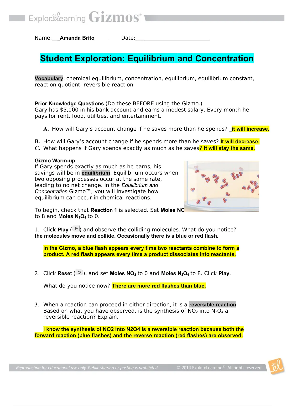 Gizmo Equilibrium Concentration Student Lab Sheet - CHEM MISC (CHEMMISC ...