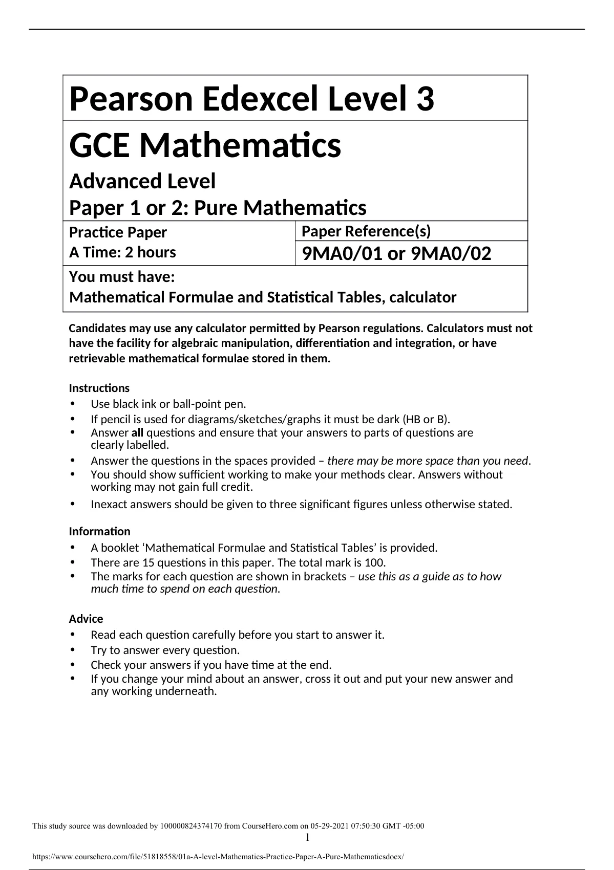 Edexcel A Level Mathematics Paper 2 2020 Pure Maths Edexcel A Level Mathematics Paper 2 2020