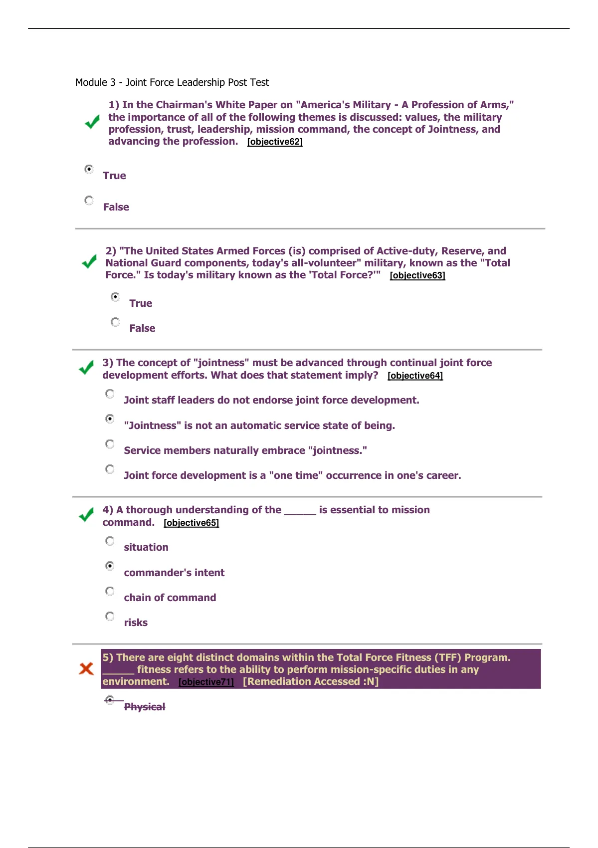 SEJPME II PRE TEST AND POST TEST SEJPME II Module Pre Test Joint Force Leadership Post