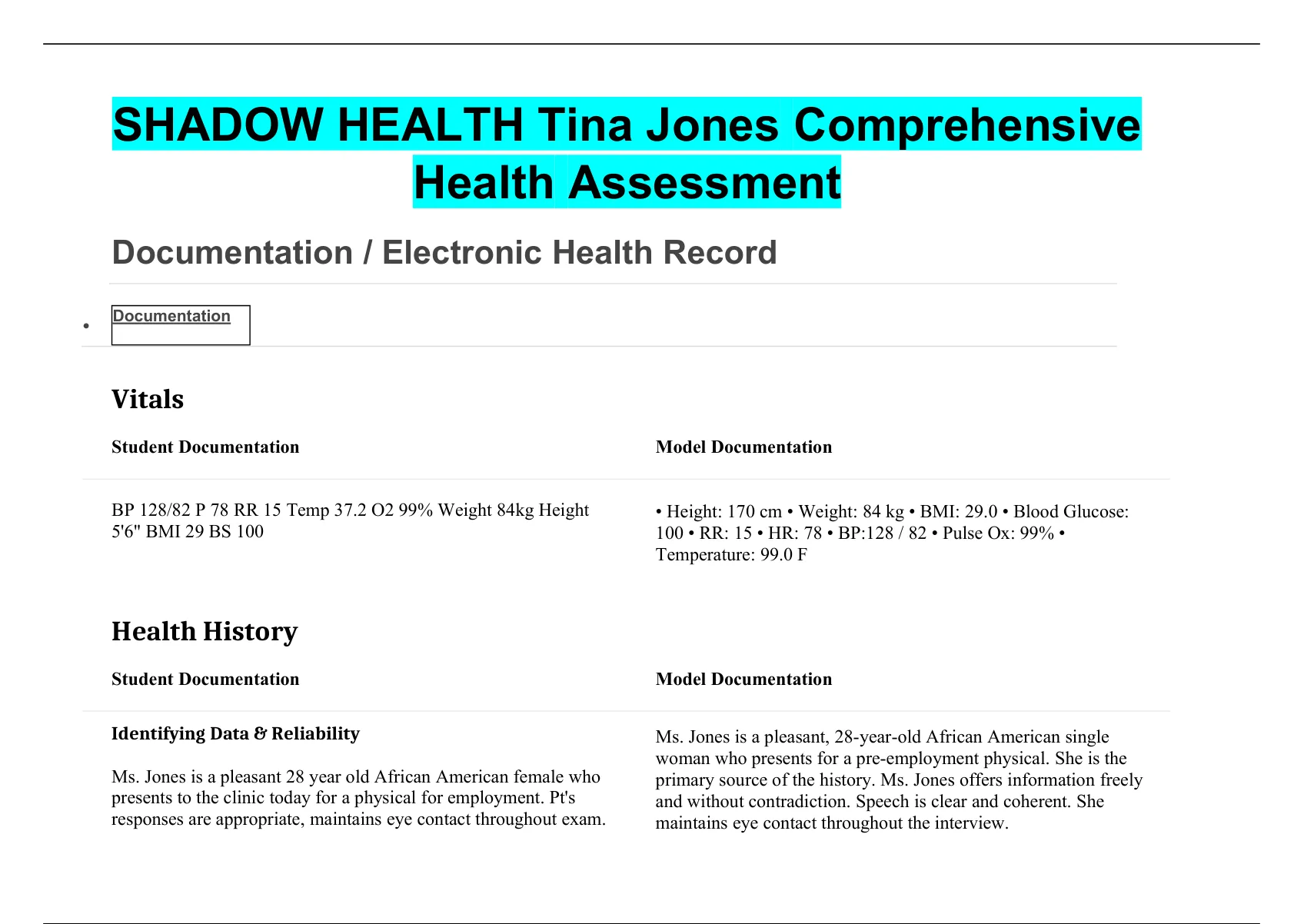 SHADOW HEALTH Tina Jones Comprehensive Health Assessment SHADOW