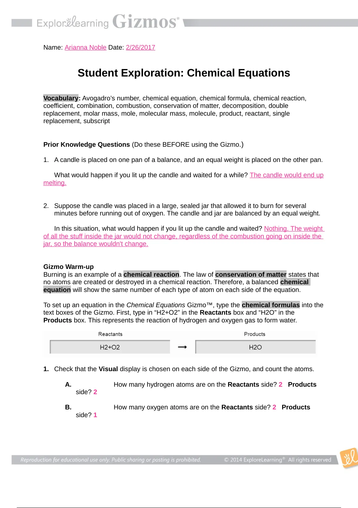 Gizmo - Student Exploration: Balancing Chemical Equations Answer Key ...