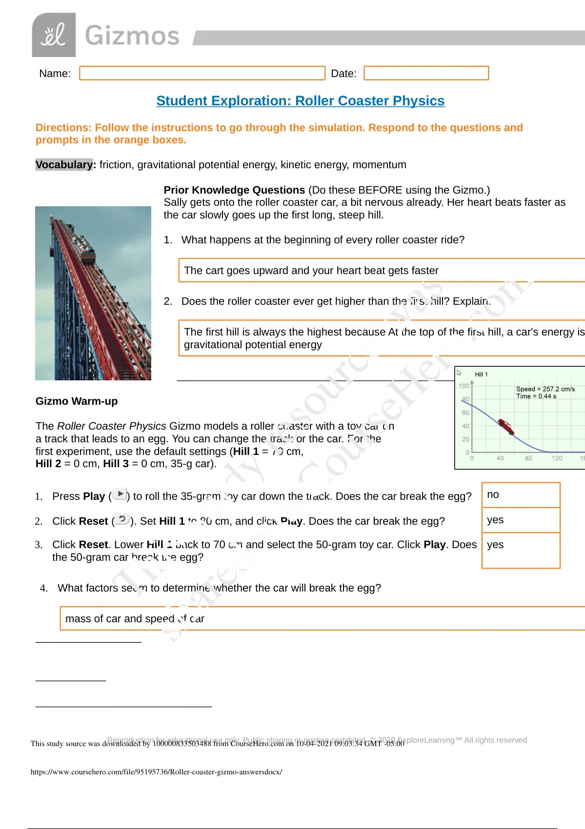 Gizmo Student Exploration Roller Coaster Physics Questions and