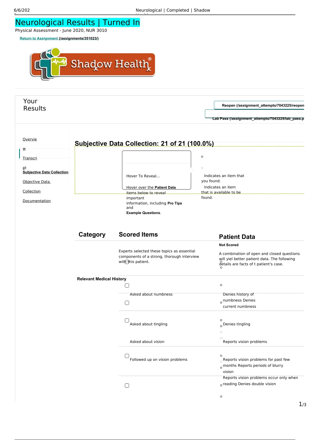 Tina jones neurological completed shadow health subjective data 2021